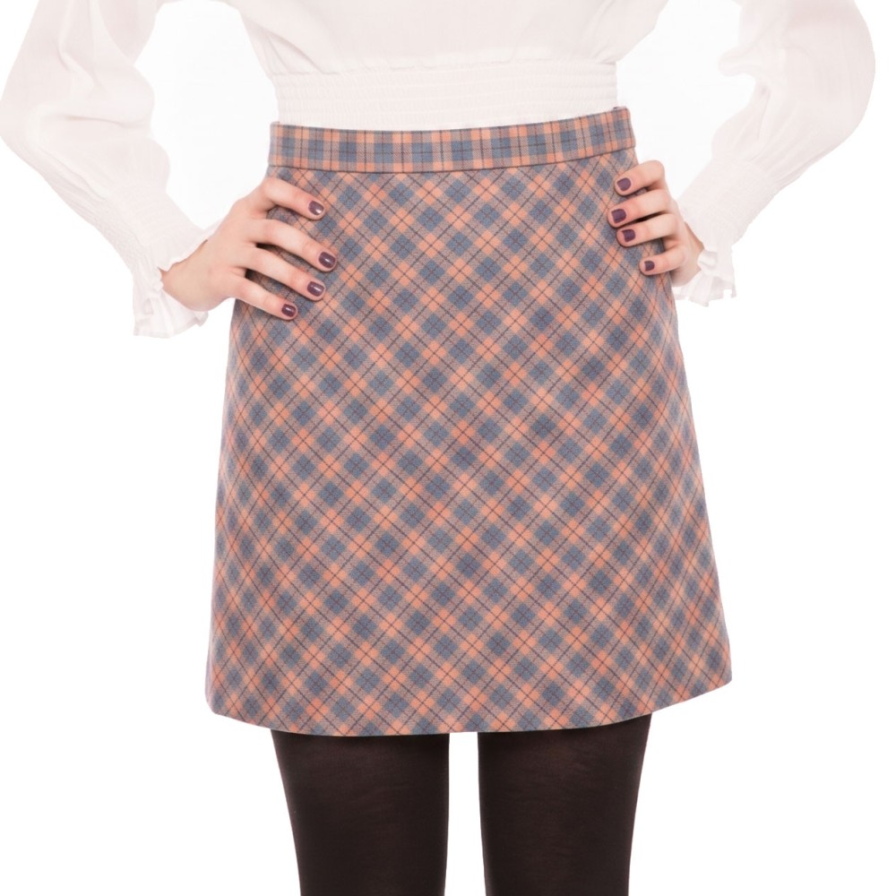 Peach Check Bias Cut Short Skirt - 28" Waist / 19" Length